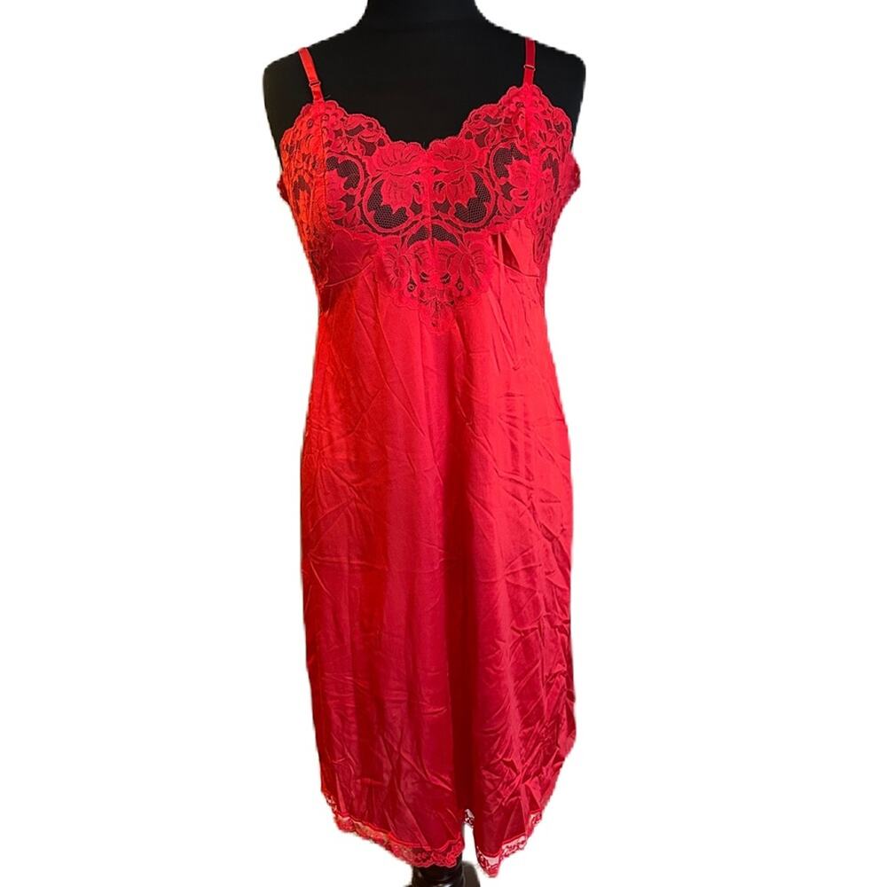 Vintage JCPenny 70s 80s Red Sexy Sultry Sheer Floral Lace Lingerie Slip Dress